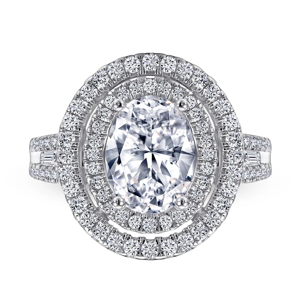 

New s925 silver ring ladies fashion trend wedding ring inlaid denier-shaped 5A zircon row diamond silver jewelry