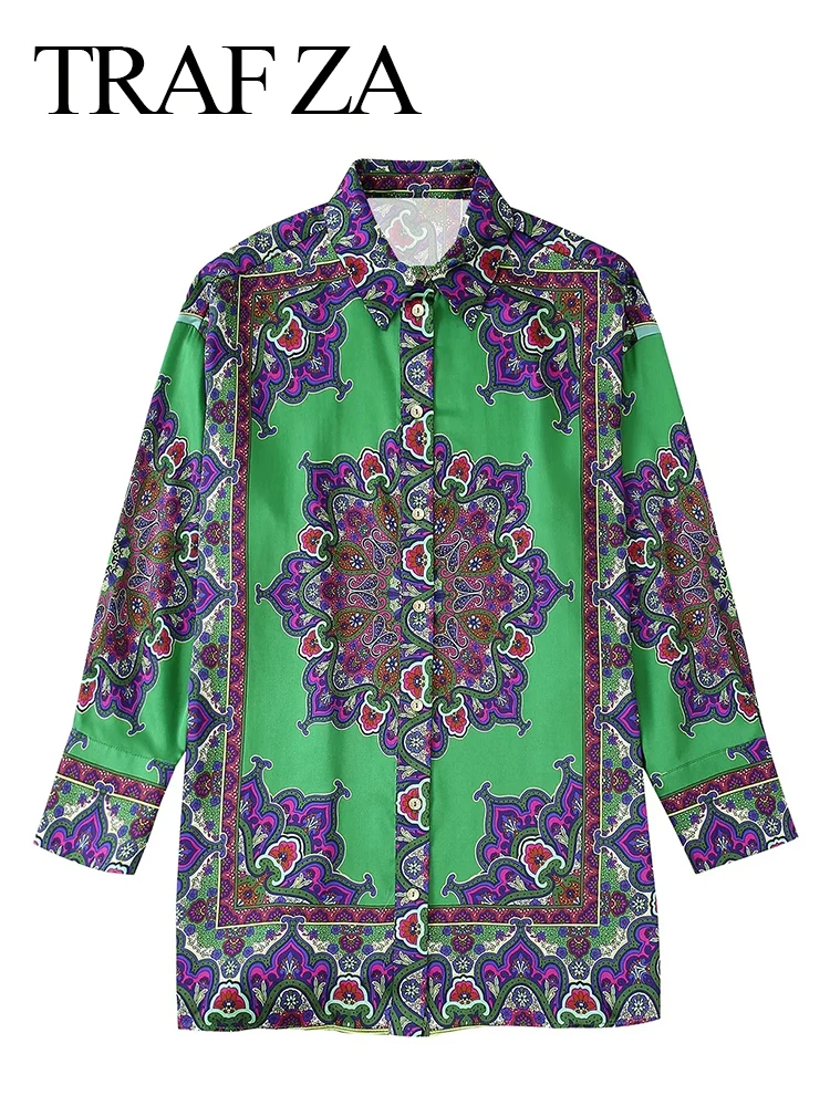 

TRAF ZA Printed Floral Vintage Shirt Trendy Chic High 2022 Fashion Elegant Green Shirt Top Loose Casual Everyday Wear Spring