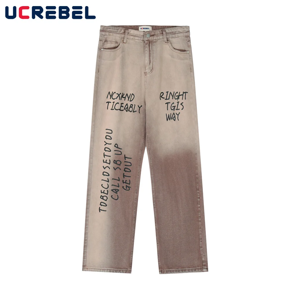 

Gradient Dyed Denim Pants Mens High Street Denim Pants Letter Print Loose Straight-leg Pants Casual Trousers Men