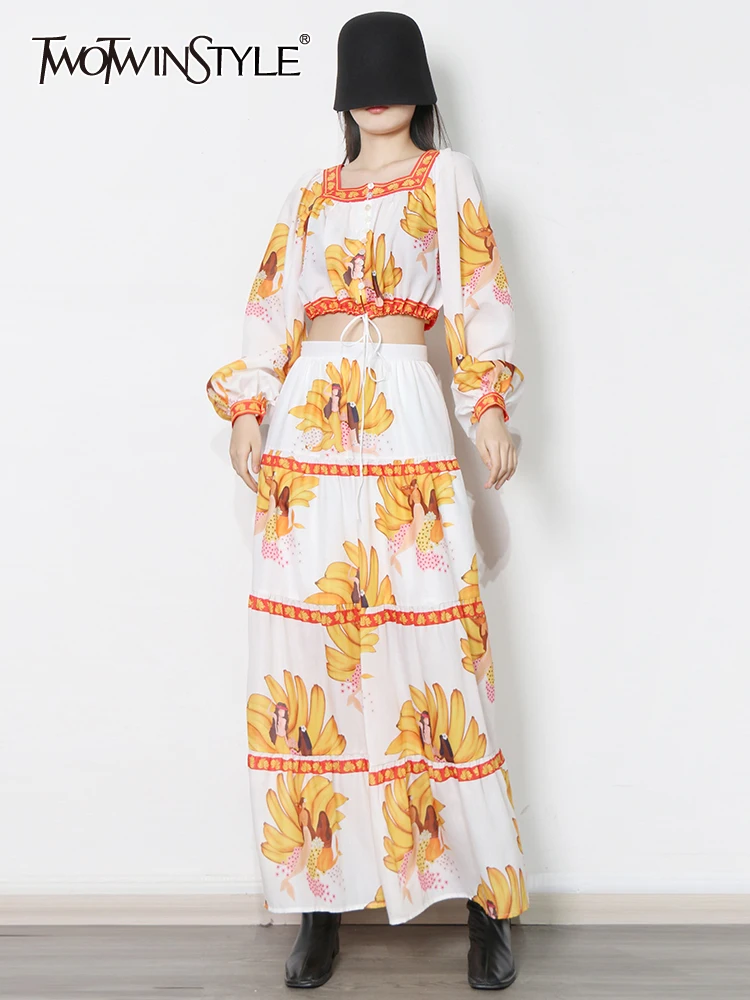 

TWOTWINSTYLE Print Colorblock Two Piece Set Womens Square Collar Long Sleeve Tops High Waist Midi Skirts Vintage Sets Female New