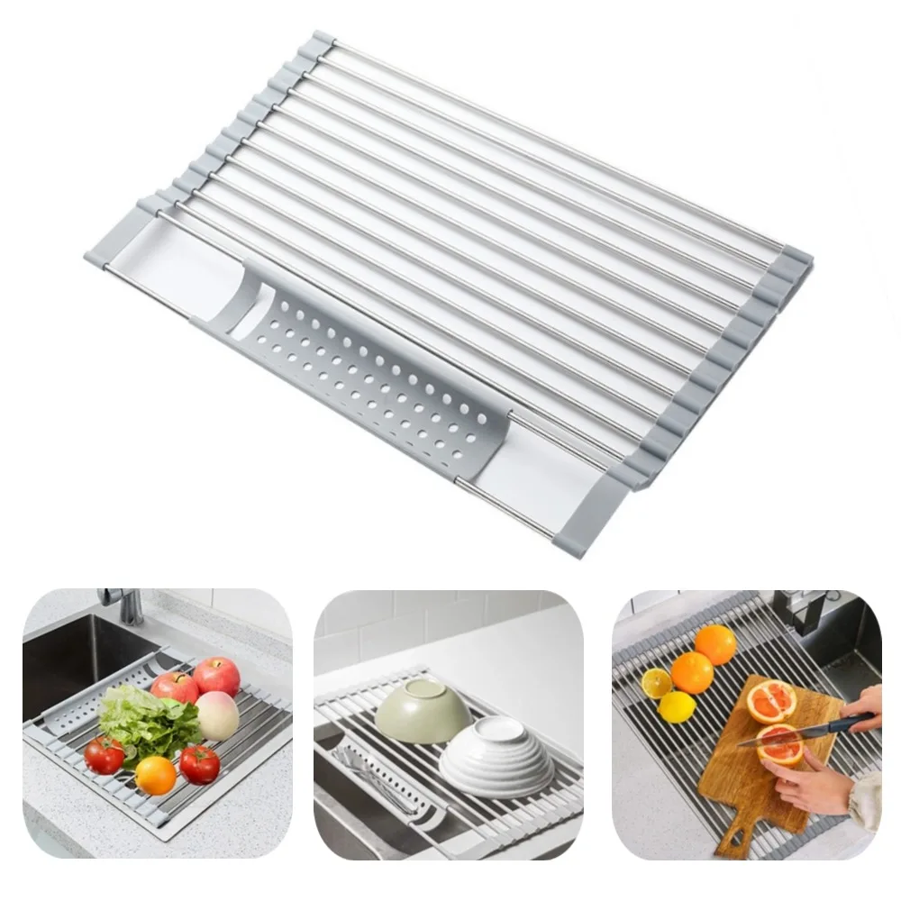 Kitchen Foldable Sink Plate Storage Bowl Holder 304 Stainless Dish Drying Rack Drainer Shelf Accessories