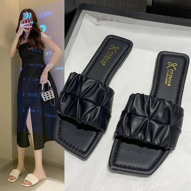 

Шлепанцы женские плиссированные, повседневные пляжные сандалии, открытый носок, мягкие тапочки, сланцы, летняя модель