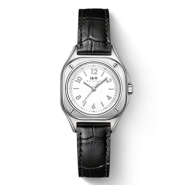 I&W Women Luxury Watches 32mm Square Ladies Watch Fashion Quartz Wristwatch 30M Waterproof Leather Strap Screw-down Crown
