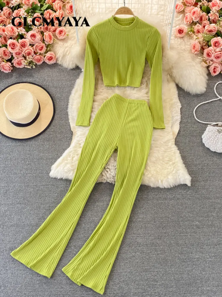 

Элегантный шикарный вязаный женский костюм GLCMYAYA из широких брюк-клеш и футболки с длинным рукавом 2023, одежда для сна, комплект из двух предм...