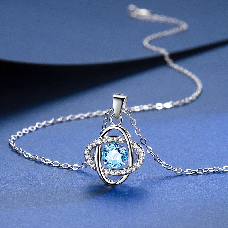 

Silver 925 Jewelry Blue Zircon Round Necklace For Women Luxury Designer Charms Chain Fashion Jewelry For Women