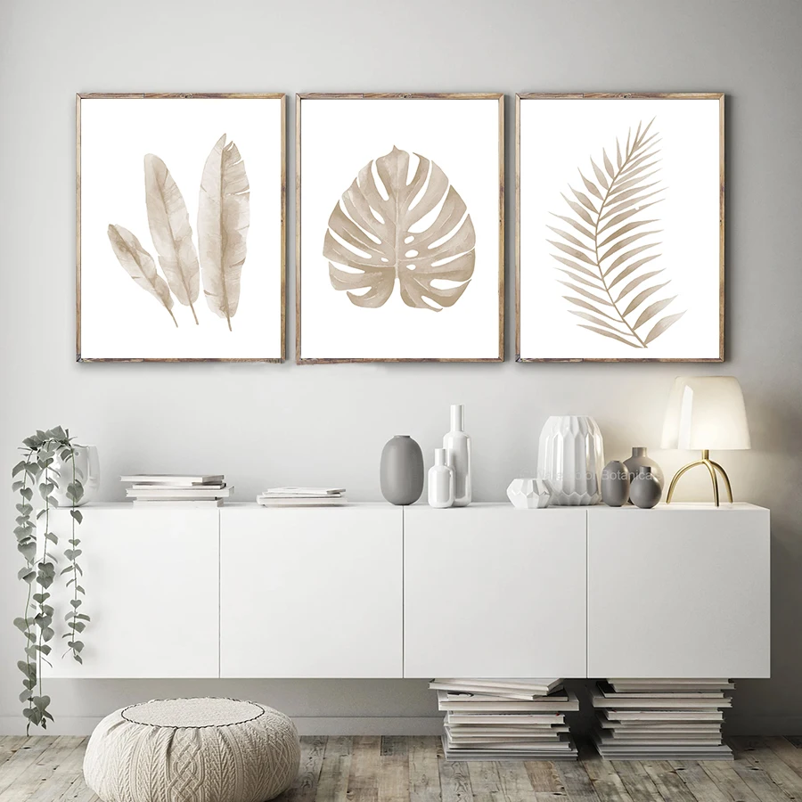 Акварельные Тропические экзотические листья с принтом бежевого и серого цветов