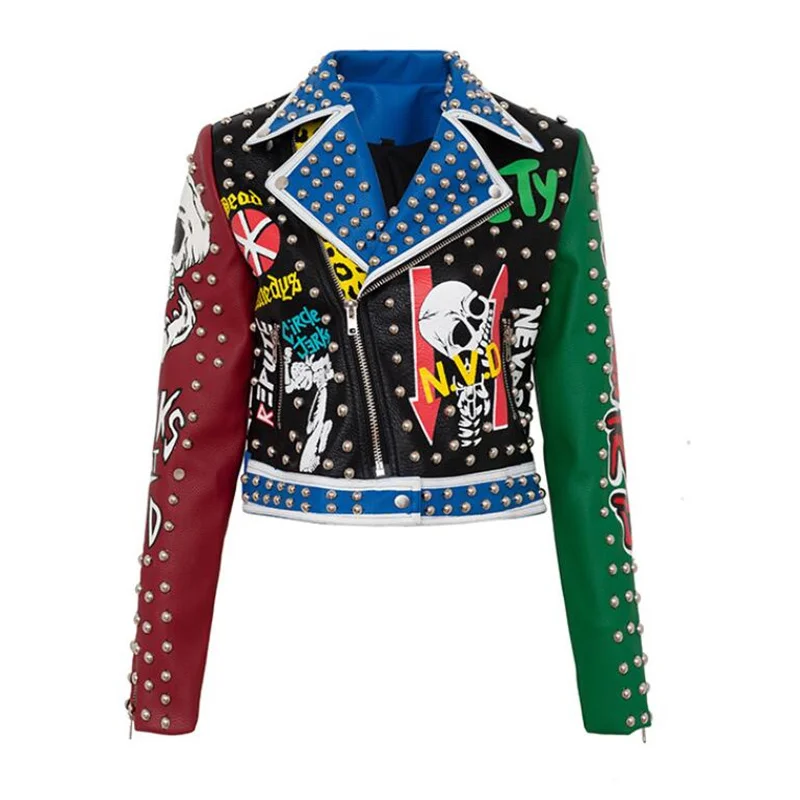 New leather jackets womens fashion blue and red color matching printing half-open collar punk rivet short coats slim clothing