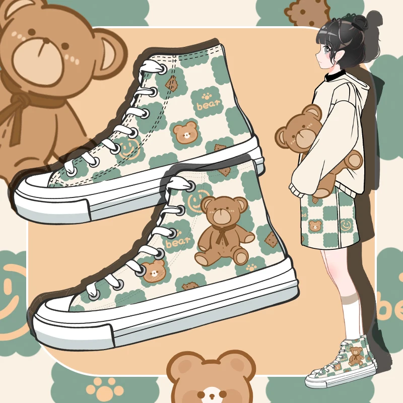 

Amy and Michael 2022 Spring Original Design Anime Bear High Top Canvas Sneakers Lovely Girls Students Woman Vulcanize Shoes Flat