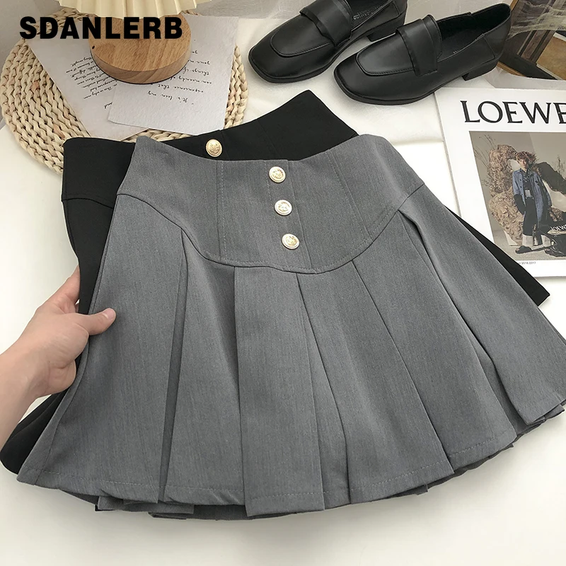 

2022 Spring and Summer New Korean Style Sweet Versatile Mini Skirt High Waist Single-Breasted Pleated Gray A- Line Short Skirt