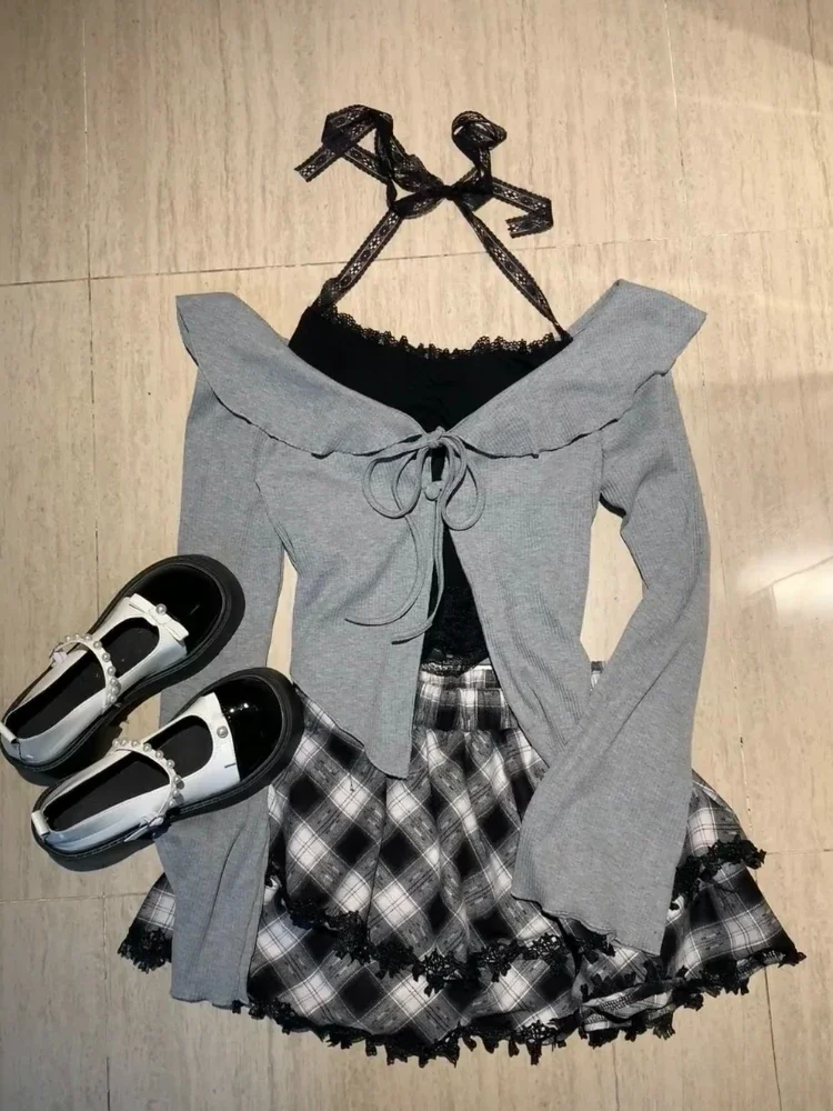 Korean Knitted Sweater Suits Women Casual Y2k Crop Top Blouse + Vest Mini Skirts Vintage 3 Piece Sets Outfits Party Clothing