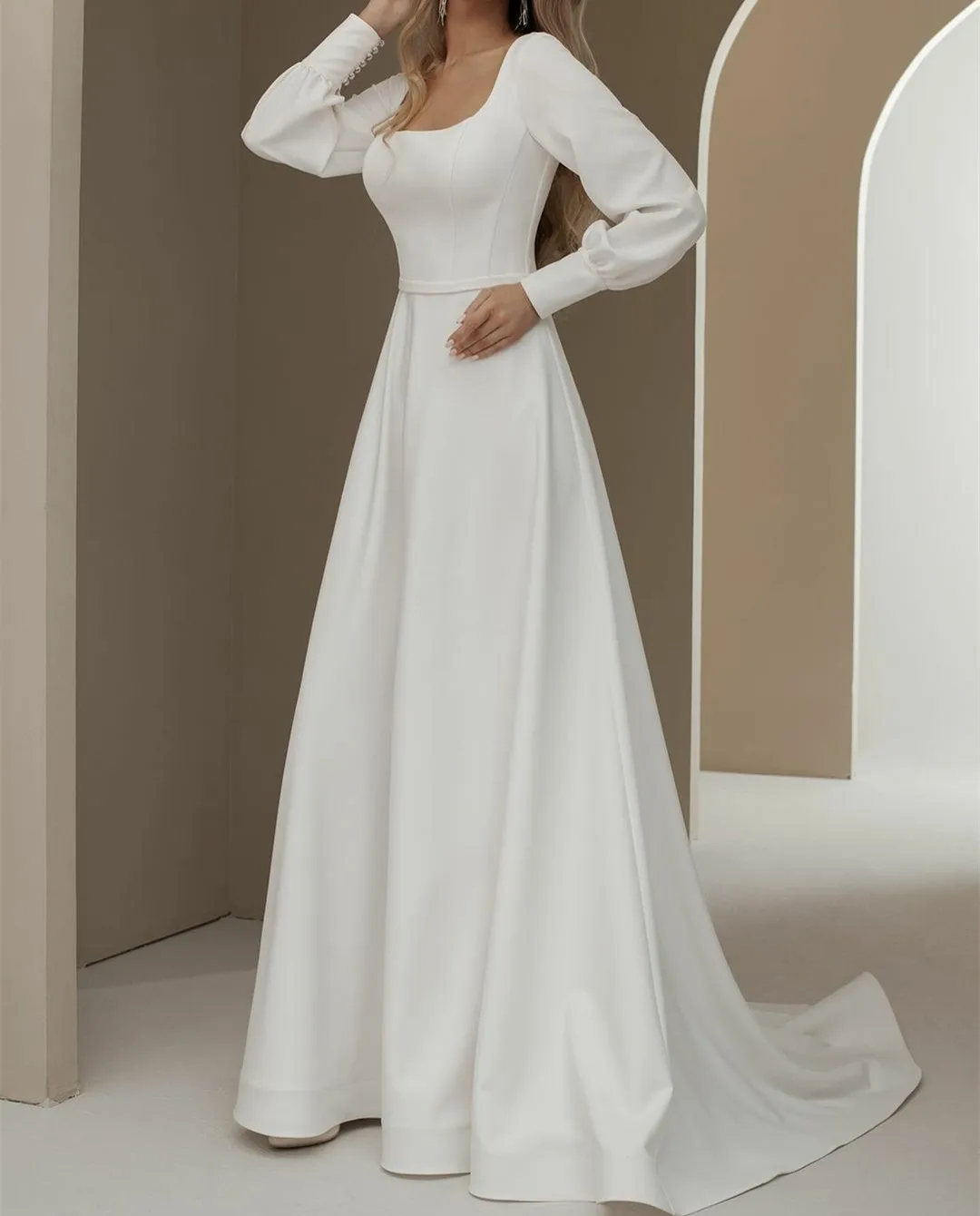 

Chic Long Sqaure Collar Crepe Wedding Dress فساتين السهرة A-Line Pleated Sweep Train Bridal Gowns Robe de soirée for Women