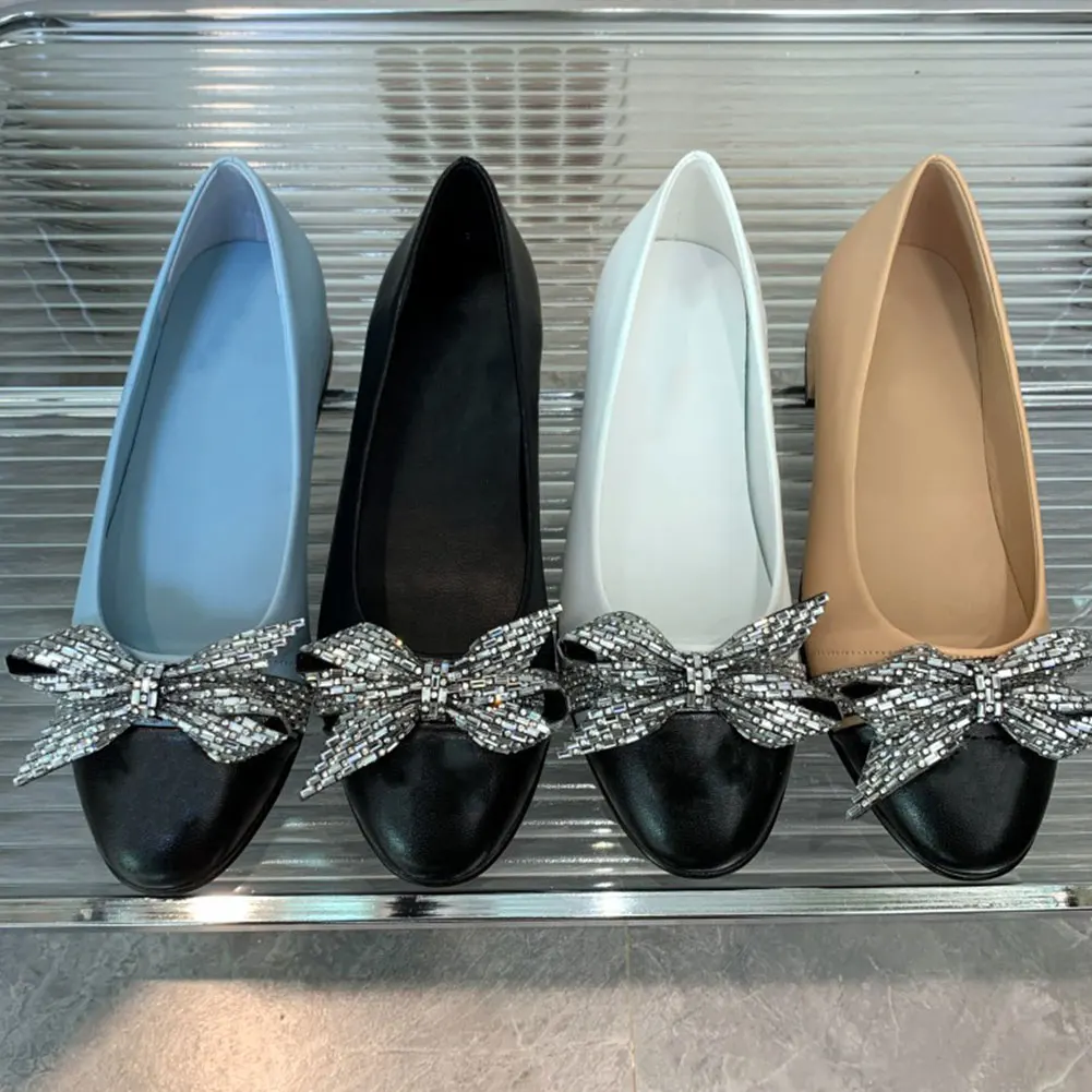 Brand New 2023 Spring Summer Designer Genuine Leather Bow Tie Ballet Flats Shoes Women's Nude Black White Casual Comfy Footwear