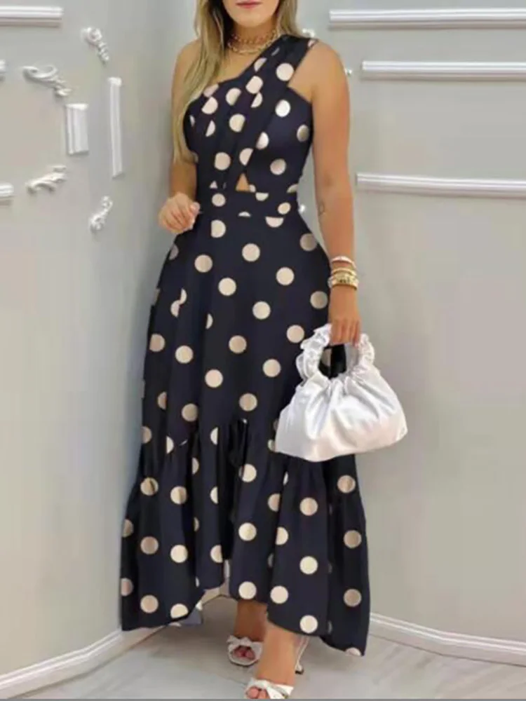 New Dresses For Women Party Printed Hollow Out Skew Collar Sexy Sleeveless Ladies Dress One Off Shoulder Streetwear Dropshipping |