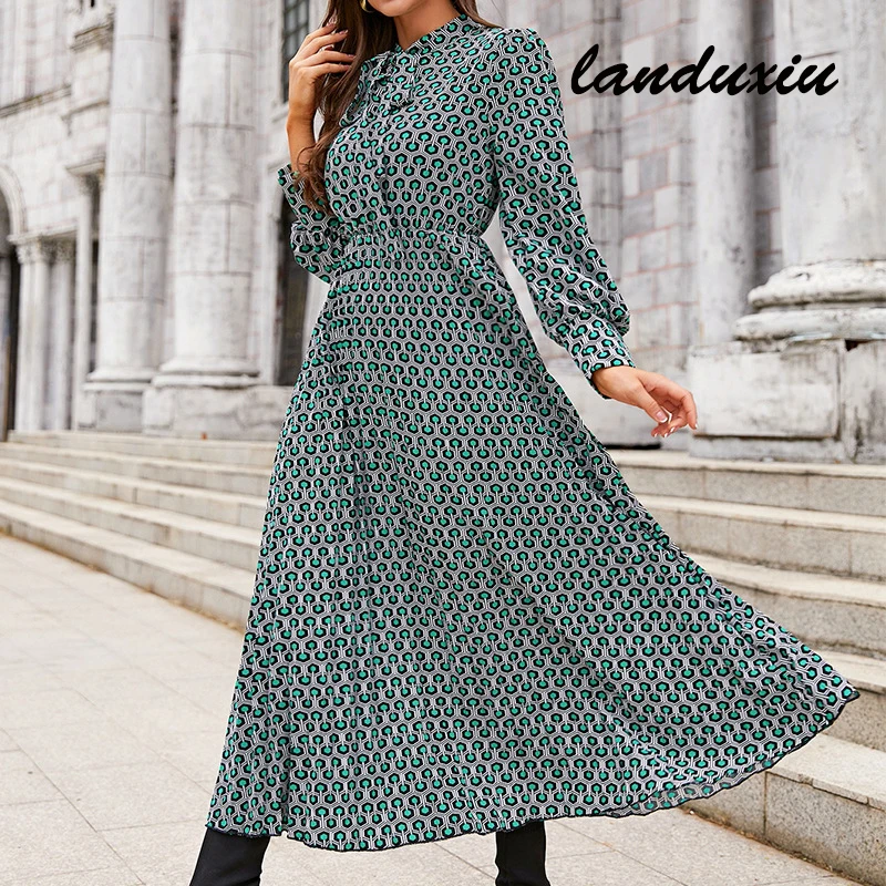 

Landuxiu Autumn European American Temperament Long Sleeve Department Leads Geometric Printed Chiffon Slim Dress Woman 2022