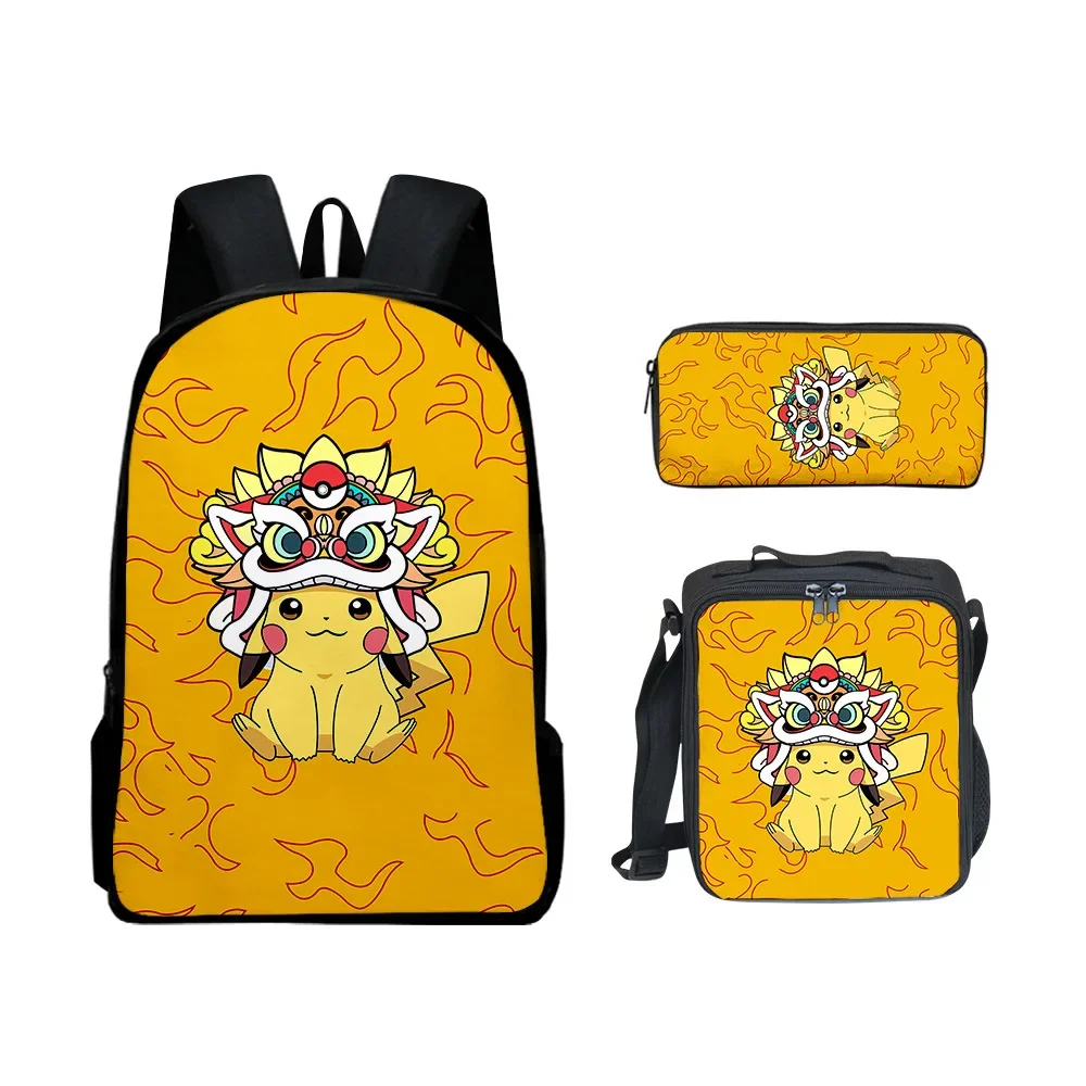 

3PC-New Anime Cartoon Pikachu Polyester Durable Comfortable Fashion Lightening Children's School Bag Lunch Bag Pencil Case