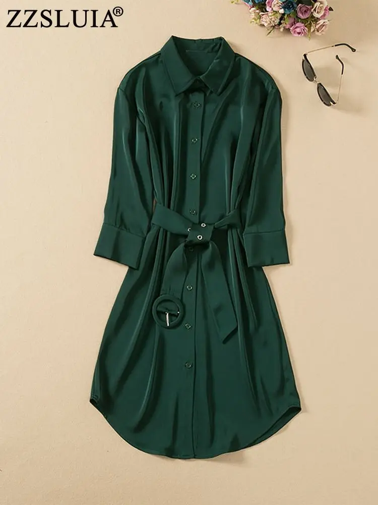 

ZZSLUIA Elegant Dresses For Women Solid Color Designer Three Quarter Sleeve Midi Dress Fashion One Piece Female Clothing