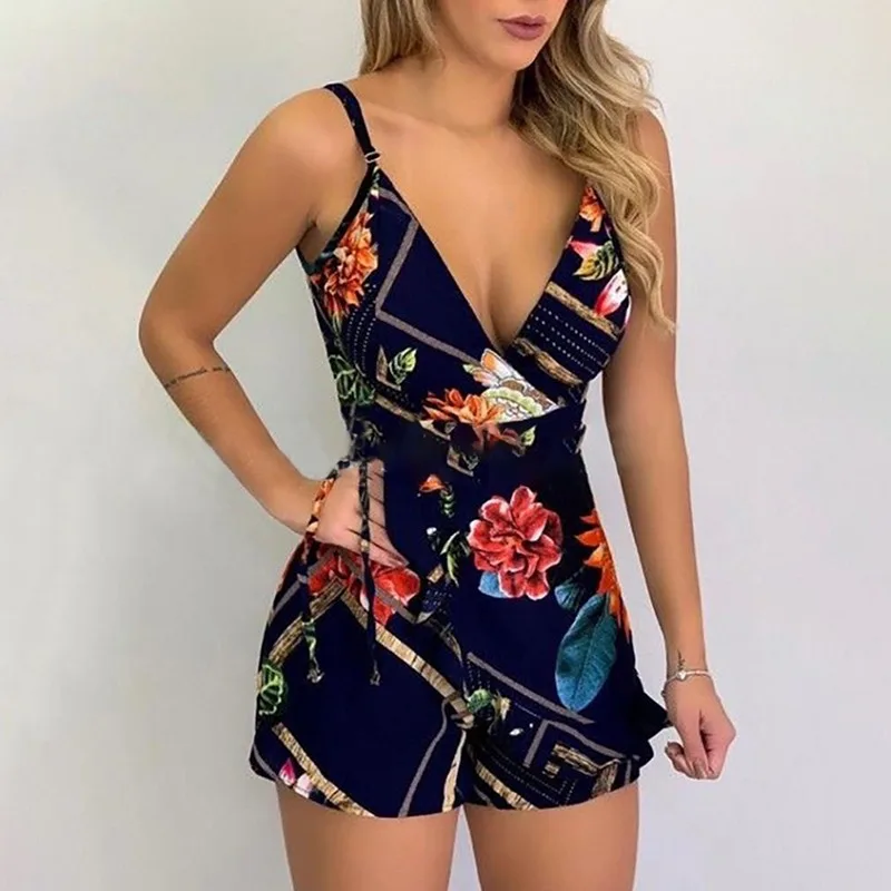 Sexy Sleeveless Mini Playsuits Summer boho Indie Printed V-Neck Rompers Women Beach Style Mid-Waist Plus Size Bodycon Playsuits