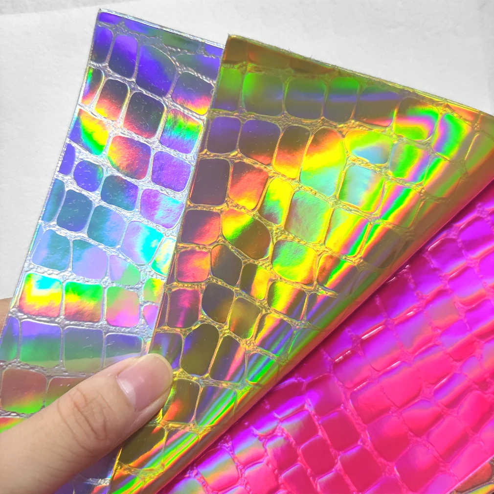 

Laser Rocodile Embossed Color PU Fabric Holographic Faux Leather Sheets for Handbags Phone Cases Pendants Shoes DIY 30x135cm