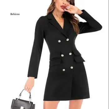 2021 New Fashion Women Suits Double-Breasted Short One-Piece Dress Suit Female Office Lady Work Blazer Jacket Long Outwear Fall 1