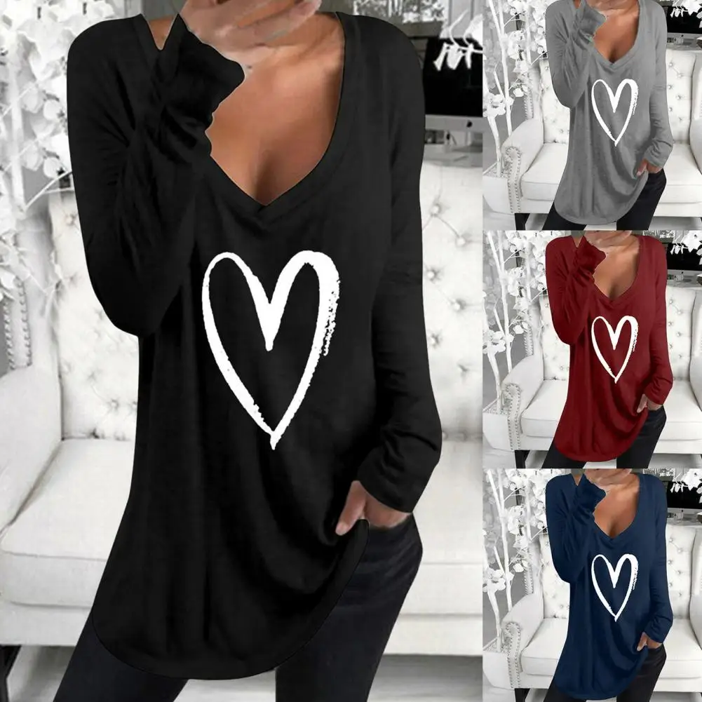 

Spring Chic Women Deep V Neck Heart Print Blouse Top Women Tunic Breathable for Travel