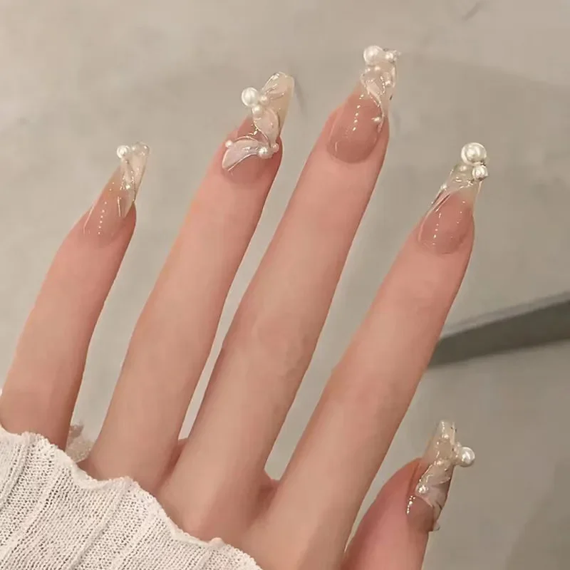 

24pcs Wearable Pink Press On Fake Nails Tips With Glue false nails design Silk Ribbon Lovely Girl false nails With Wearing Tools