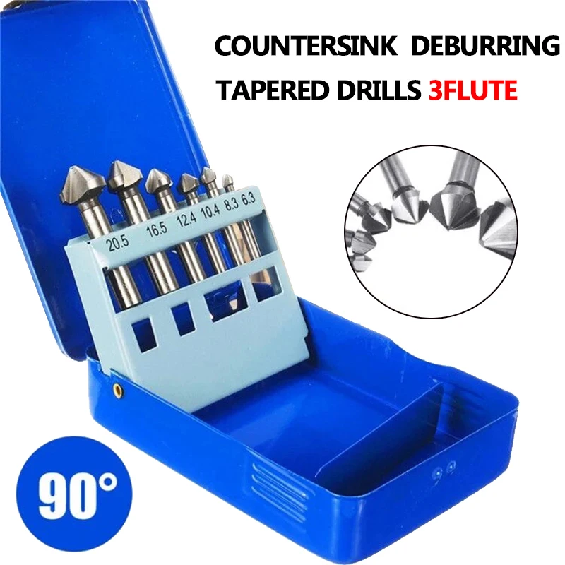 

6Pcs 6.3-20.5mm Chamfering End Mill Cutter 3 Flute Round shank 90 Degree HSS Countersink Deburring Tapered Drill Bit