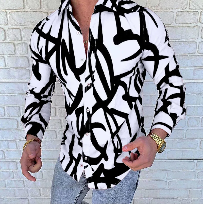 

Hot Sale Luxury Punk Style Shirt Men Slim Fit Long Sleeve Geometric Printing Chemise Homme Social Men Club Prom Shirt M-3XL