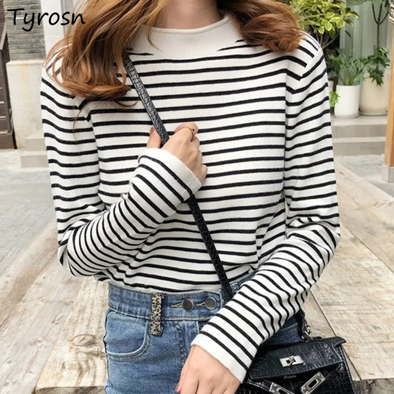 Полосатые пуловеры для женщин облегающие Топы с длинным рукавом нижнее белье