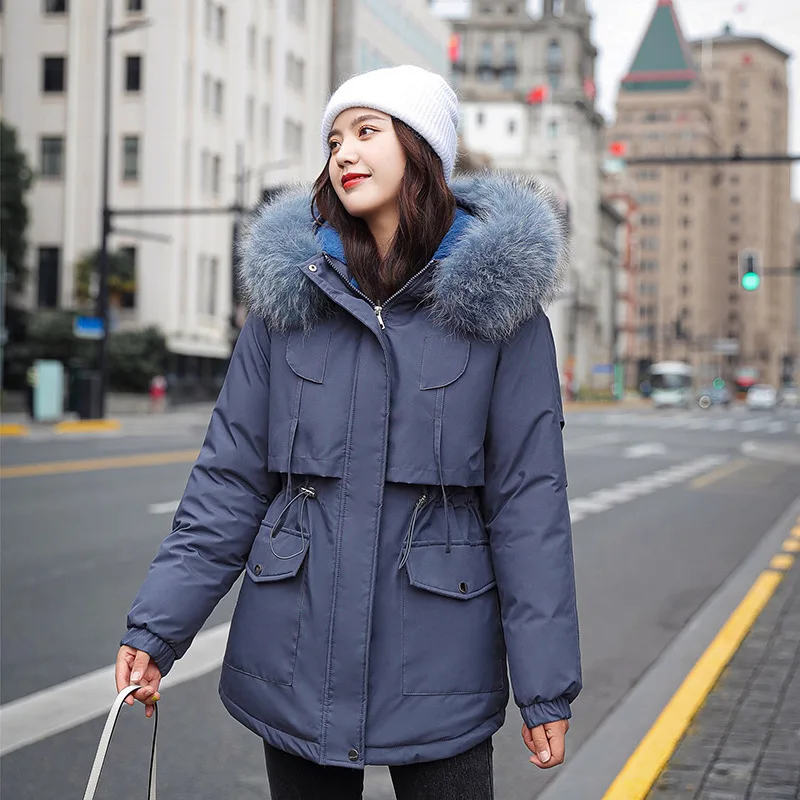 Plush Sustans Parkas Autumn Winter Women Big Furry Collar Short Style Slim Hooded Coat Office Lady Casual Commute Warm Overcoats