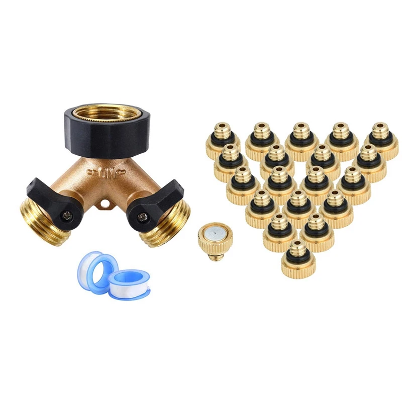 

2 Way Y Valve Garden Hose Connector Splitter Adapter With 20Pcs Brass Misting Nozzles For Cooling System 0.012 Inch