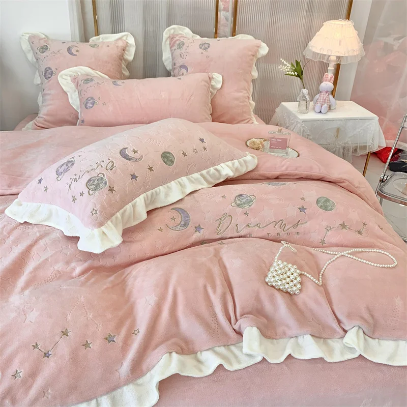 

Winter Warm Plush Velvet Fleece Princess Bedding Set Starry Sky Embroidery Shaggy Duvet Cover Quilt Cover Bed Linen Pillowcases