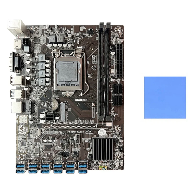 

B250C Miner Motherboard+Thermal Pad 12 PCIE to USB3.0 Graphics Card Slot LGA1151 Support DDR4 DImm RAM for BTC Mining