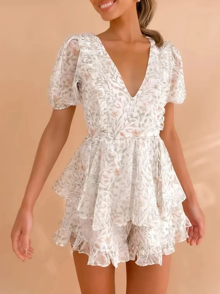 

Chicheca V-neck Printed Ruffle Chiffon Women Romper Casual Boho Floral Summer Playsuit Tie Up Back Zipper Sash Wide Leg Overall