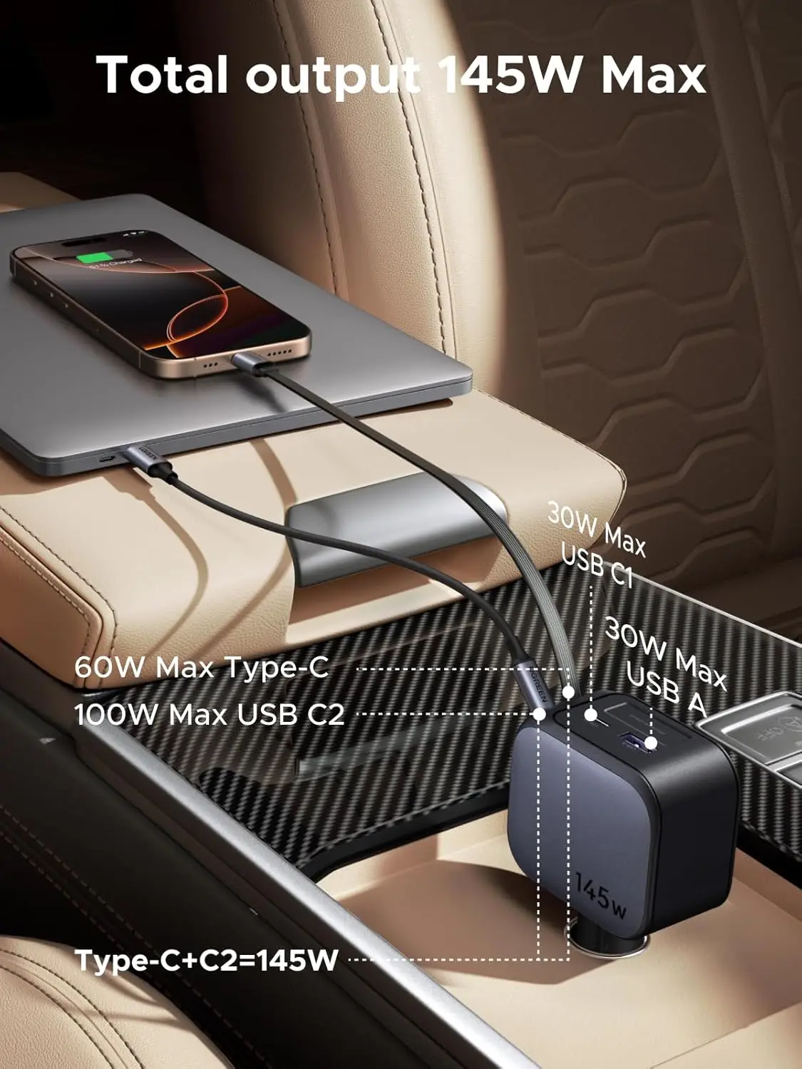 Фото UGREEN 145W 3C1A Выдвижное автомобильное зарядное устройство, автомобильное зарядное устройство для телефона USB C Быстрая зарядка с кабелем типа C №3