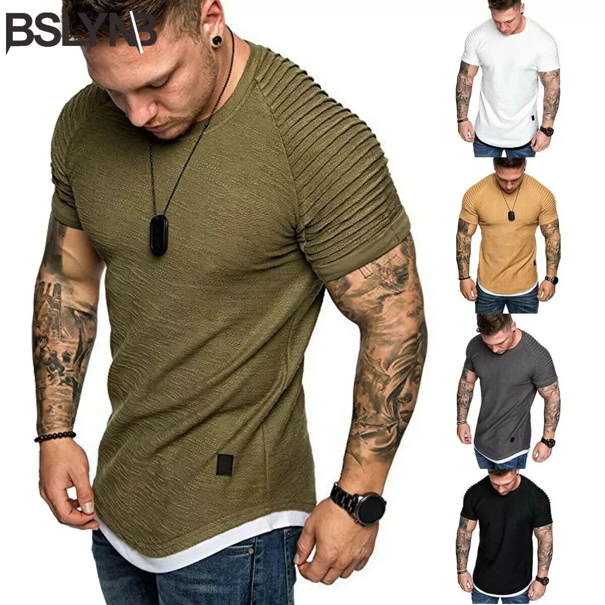 

Футболка мужская плиссированная со складками, Облегающая рубашка с круглым вырезом и коротким рукавом, однотонная Повседневная Базовая одежда, лето