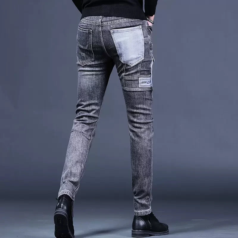 Men's Black Gray Ripped Jeans Autumn Mens Slim Fit Straight Pants Streetwear Fashion Patchwork Pocket Denim Trousers CP2005