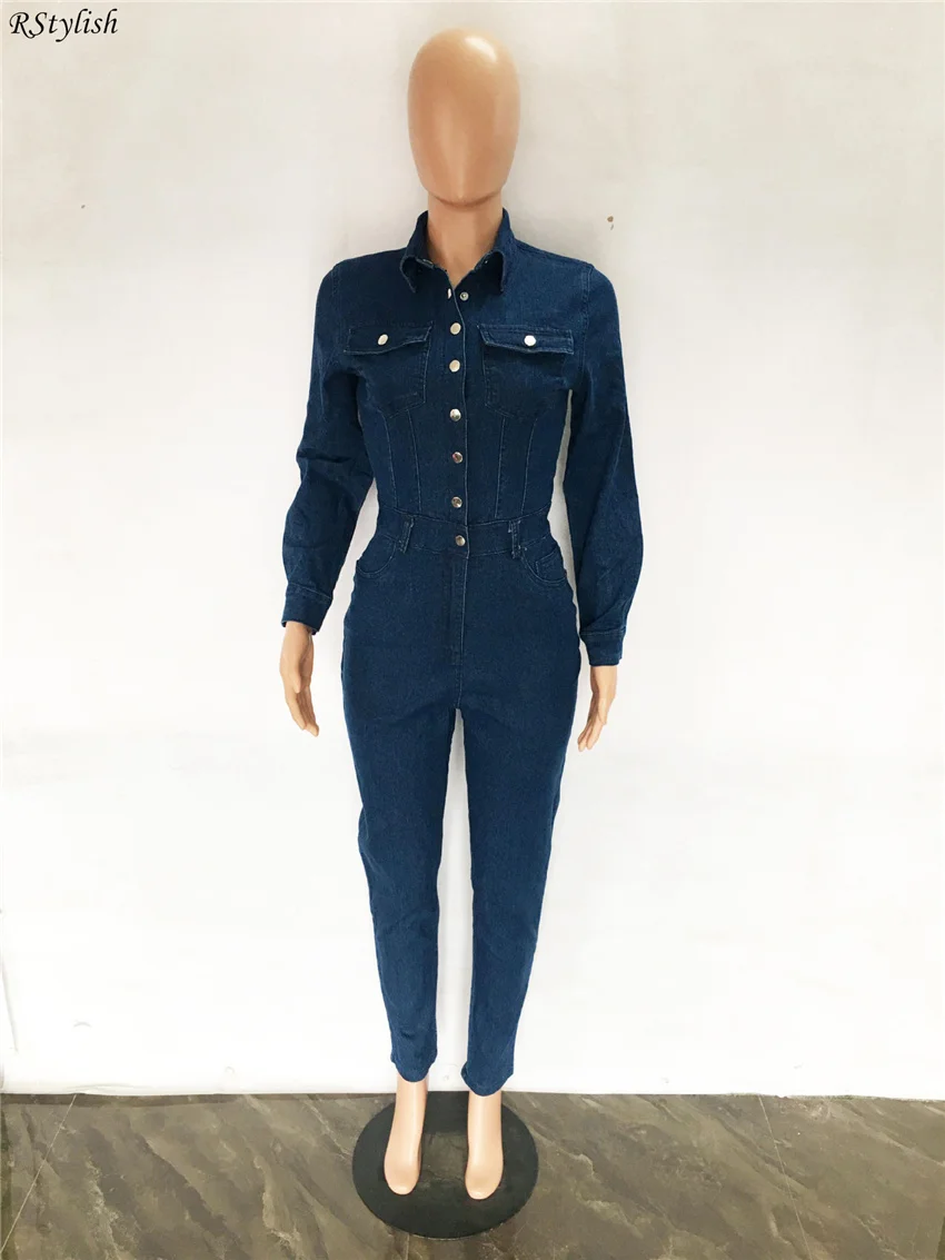 Long Sleeve Denim Jumpsuit Women 2022 Single-breasted Turn Down Collar Overalls Fall Winter Streetwear Slim One Piece Jumpsuits