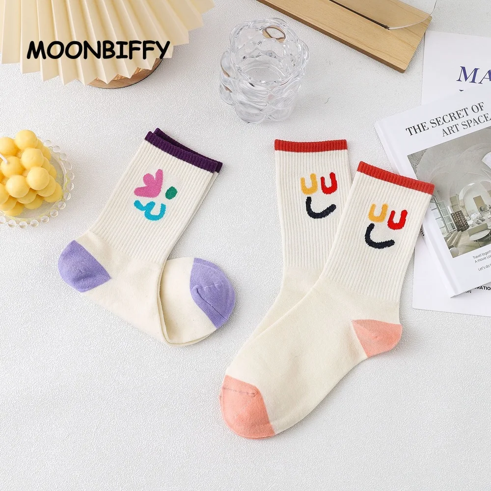 

White Smiley Funny Socks Women's Cute Cartoon Embroidery Harajuku Streetwear Sock Fashion Japan Korean Skaters Cotton Sokken