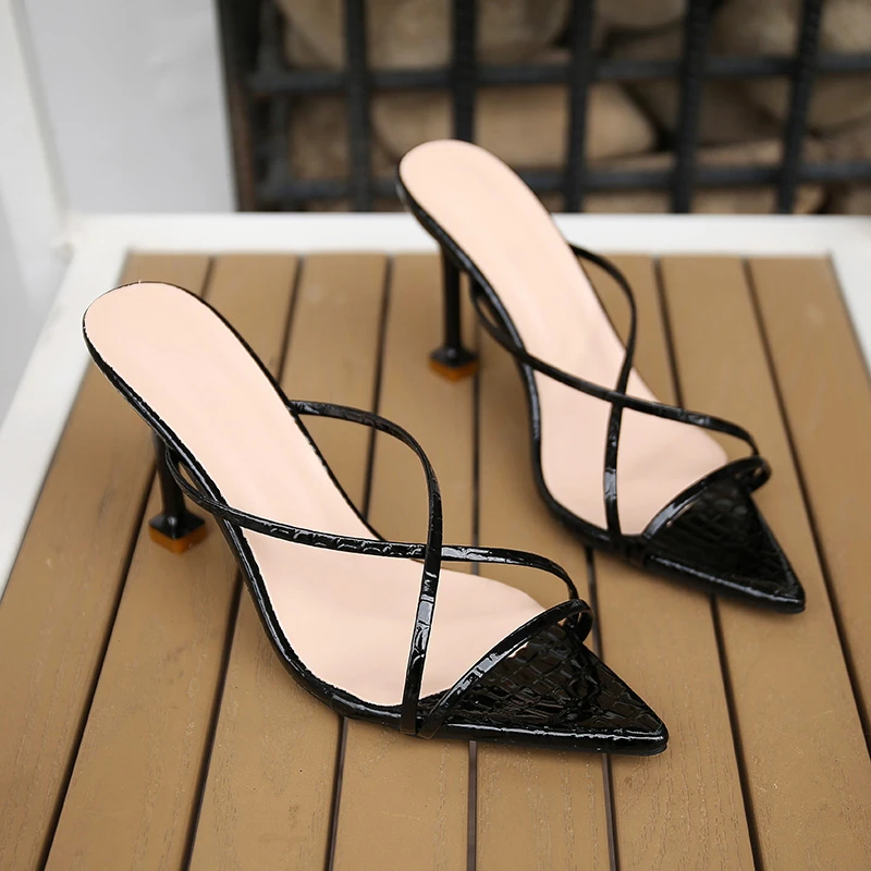 

Brand Summer Womens Sandals PU Thin High Cover Heel Shallow Mature Serpentine Dance Solid Pumps Fashion Slippers Plus Size35-42
