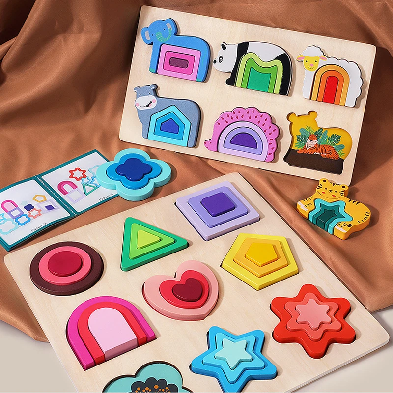 

3D Wooden Puzzle Montessori Geometric Shape Sorting Jigsaw Board Color Cognitive Matching Toy for Kids Gifts Early Learning Toy