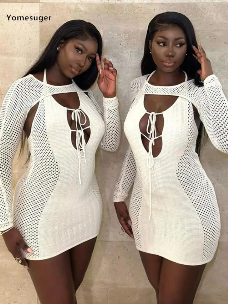 

Yomesuger, вязаный однотонный комплект из двух предметов, женская сексуальная шаль с длинным рукавом и искусственное мини-платье, костюмы 2023, Женская Клубная одежда