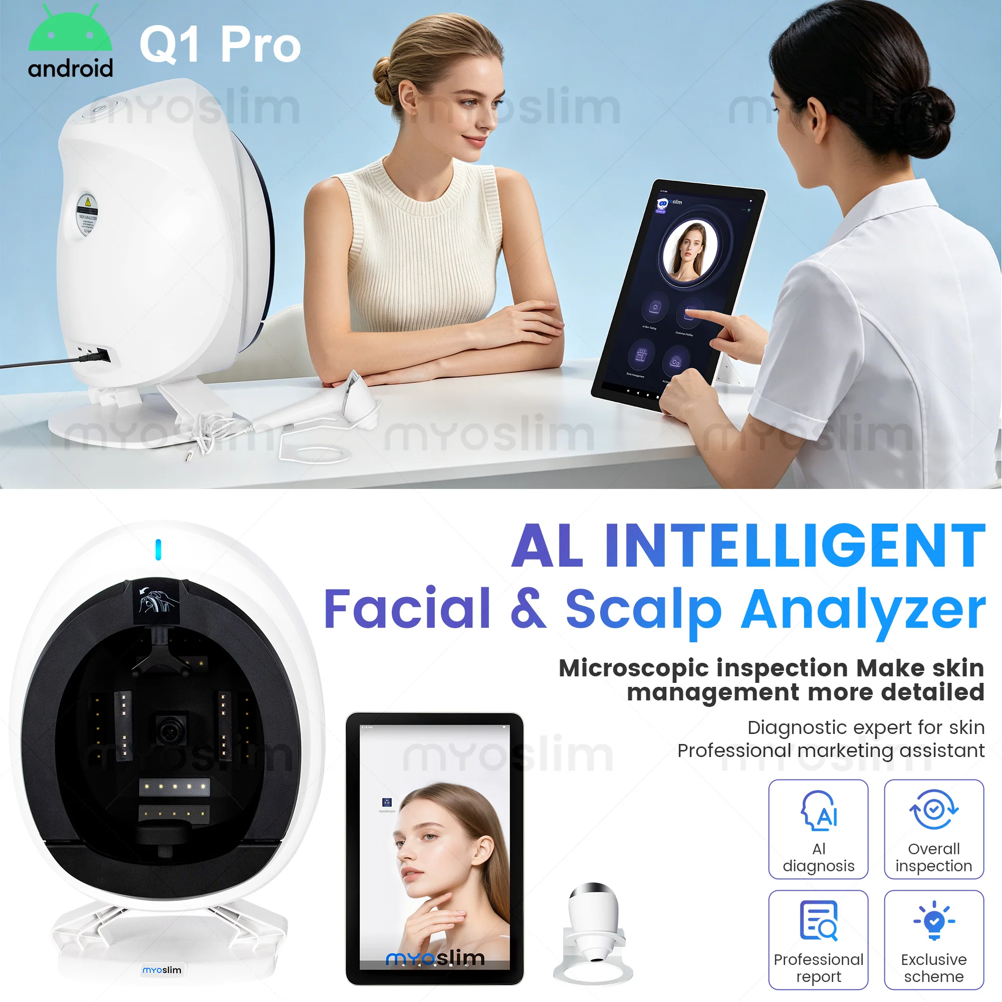 Фото Q1 Pro AISA 3D AI-анализатор состояния кожи лица, сканер-тестер, цифровое зеркало для диагностики кожи, аппарат для анализа кожи лица №2
