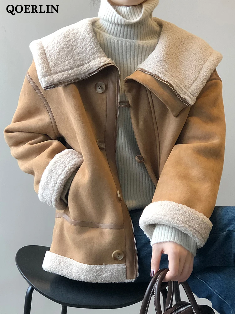 QOERLIN Vintage Lamb Velvet Women Jacket Casual Button Up Coat Fashion Thicken Warm Jackets 2023 New Winter Overcoat Female Coat