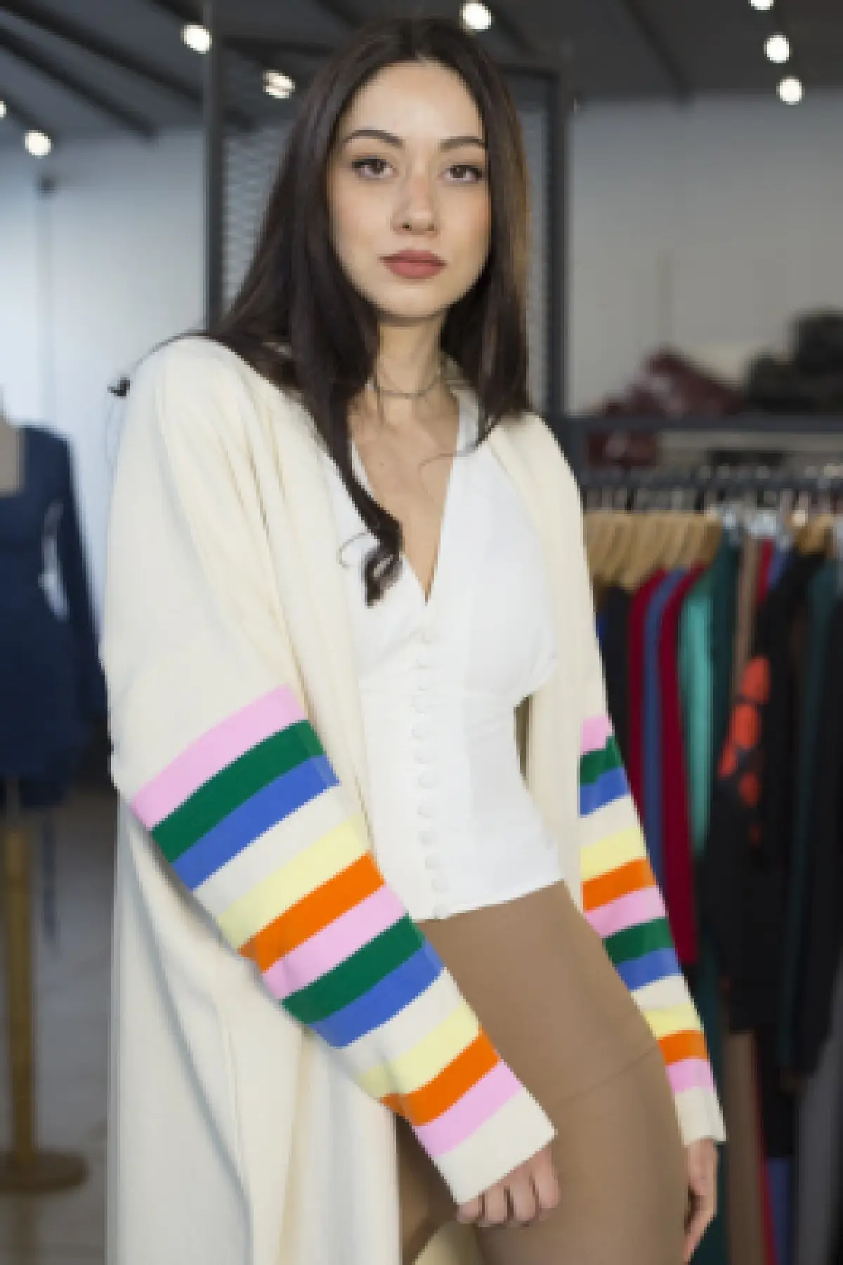 

Women's Cardigan Maxi Long New Season Striped Rainbow Casual Knitted Quality Fashion Sweaters Loose Jumper