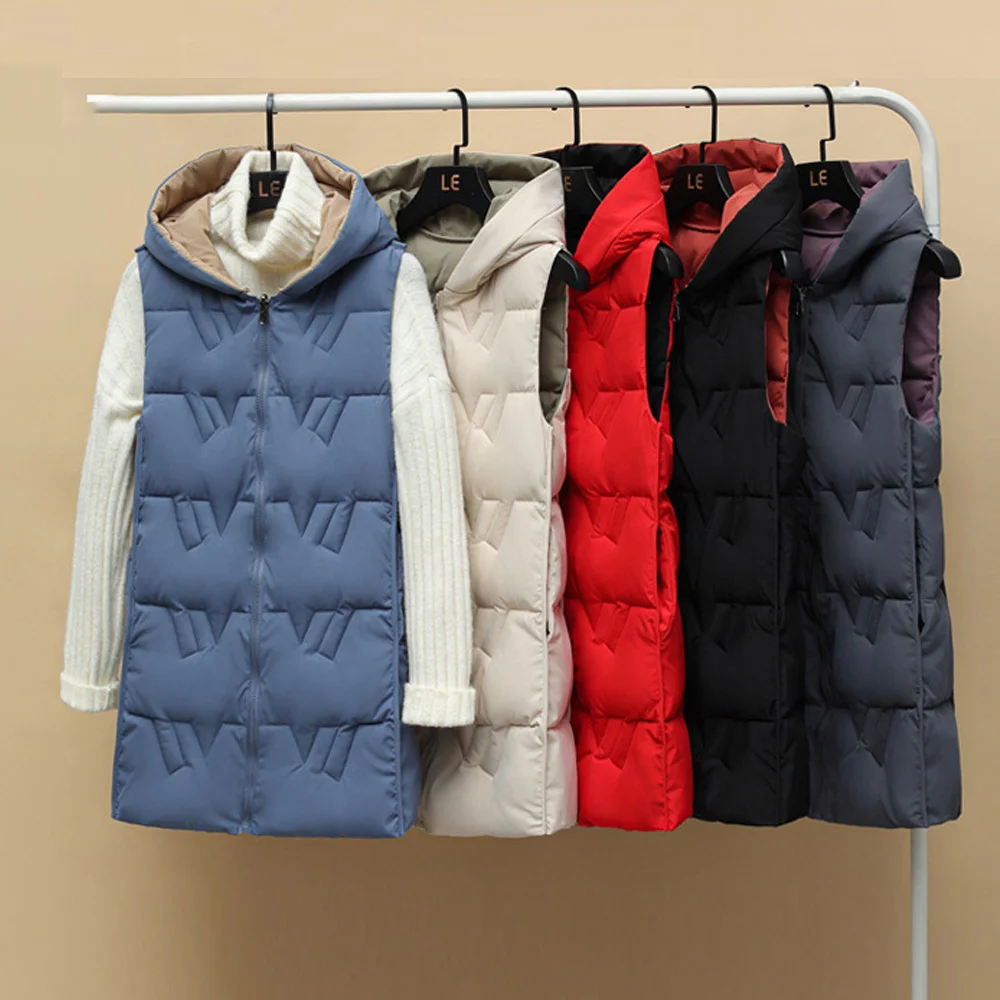 

2021 Autumn Winter Two Sides Wear Long Vest Warm Hooded Waistcoat Women Coat Thicken Cotton Padded Female Sleeveless Jacket New