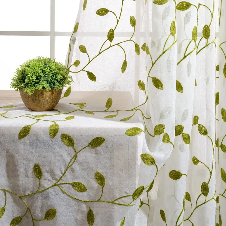 Шторы AiFish из полиэстера и хлопка, зеленые листья, просвечивающиеся, для гостиной