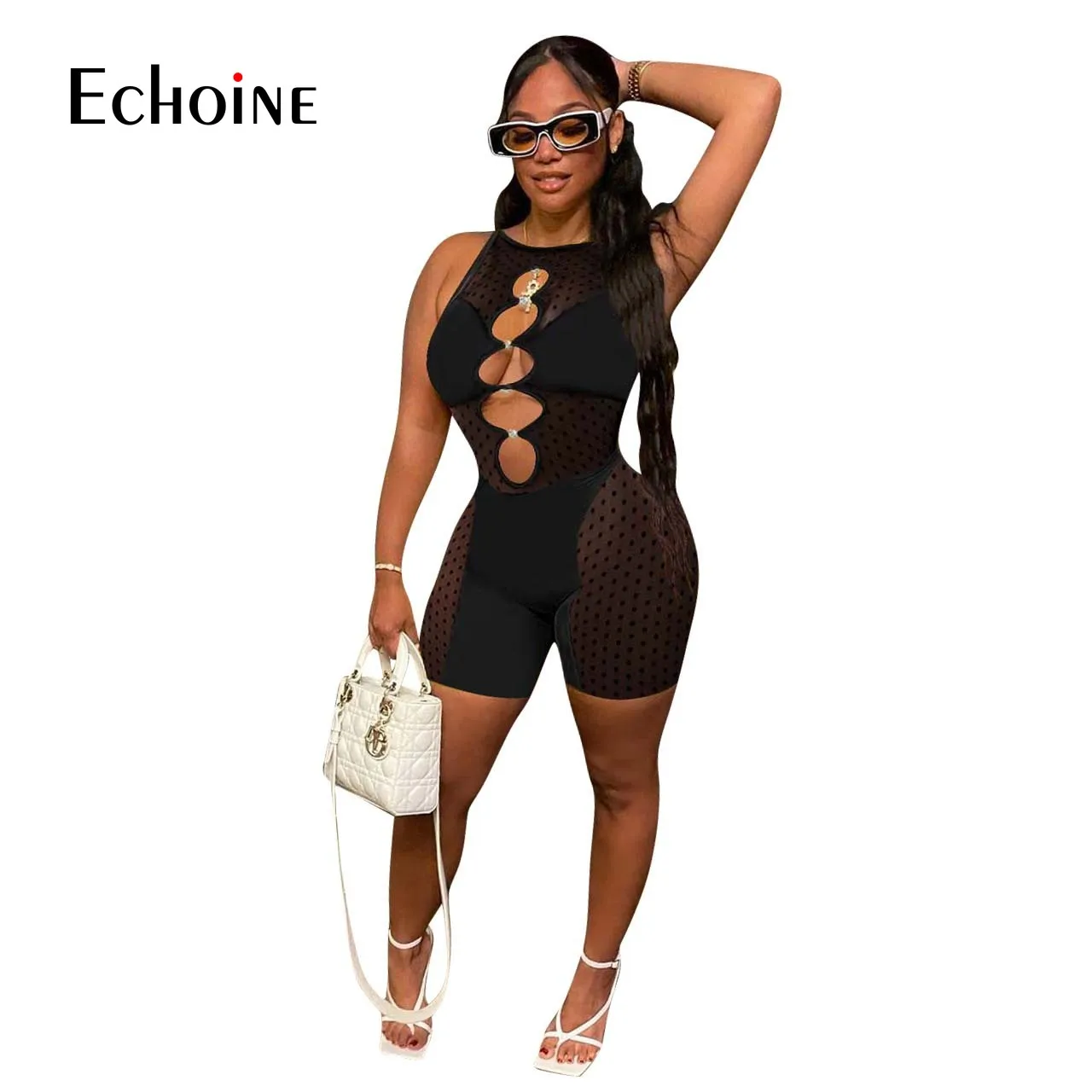 Женский сетчатый комбинезон в горошек без рукавов |