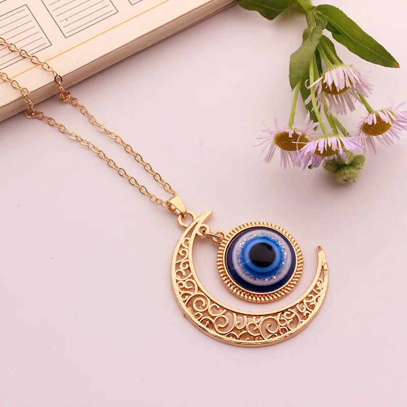 

Vintage Turkish Blue Devil's Eye Fashion Popular Alloy Moon Necklace Pendant Jewelry