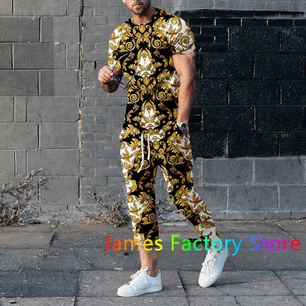 Men's Trousers Set Luxury Gold Print TShirt Outfit Set Fashion Tracksuit 2 Piece Set Casual Jogging Suit Male Oversized Clothing