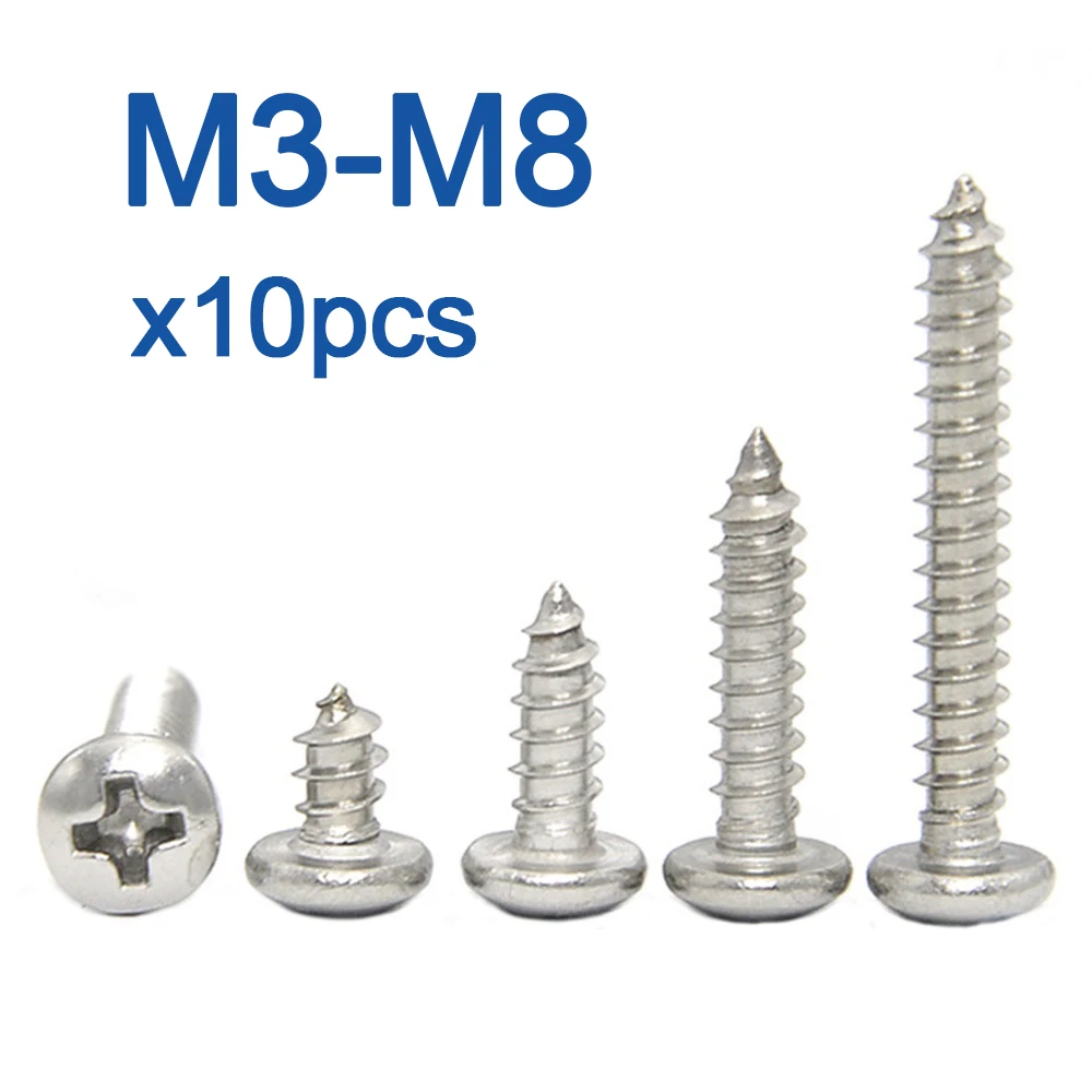 10 Pcs/Lot Cross Recessed Round Head Tapping Screw M3 M3.5 M4 M5 M6 M8 Stainless Steel